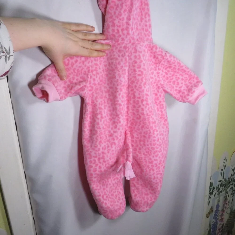 Baby Pink Cat Animal Print w hood, footed bodysuit, long tail Costume